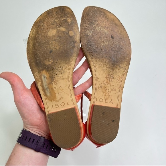 ISOLÁ Coral Peach Orange Snakeskin Gold Tipped T-Strap Cleopatra Sandals Shoes - Picture 11 of 12